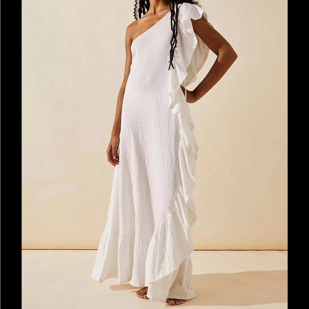 Free People Elisa One Shoulder Ruffle Maxi Dress Ivory Womens